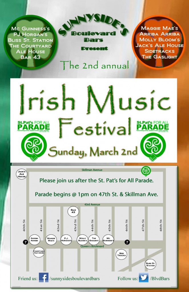 2nd Annual Irish Music Festival on Sunday, March 2nd - Presented by Sunnyside's Boulevard Bars